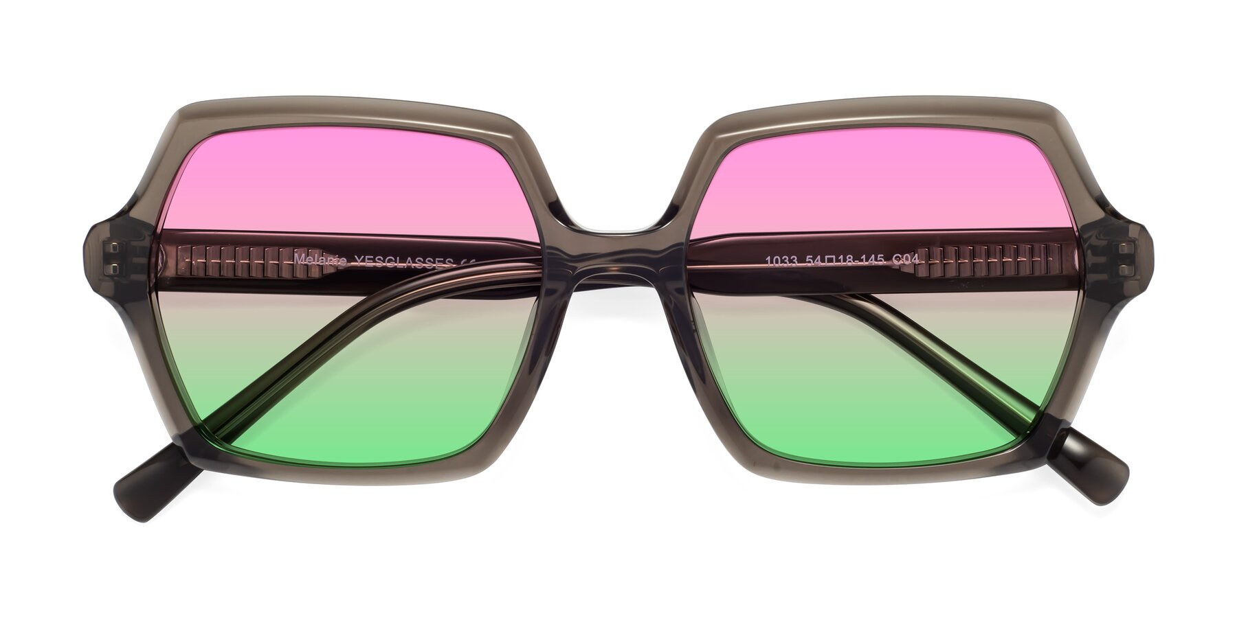 Folded Front of Melanie in Transparent Gray with Pink / Green Gradient Lenses