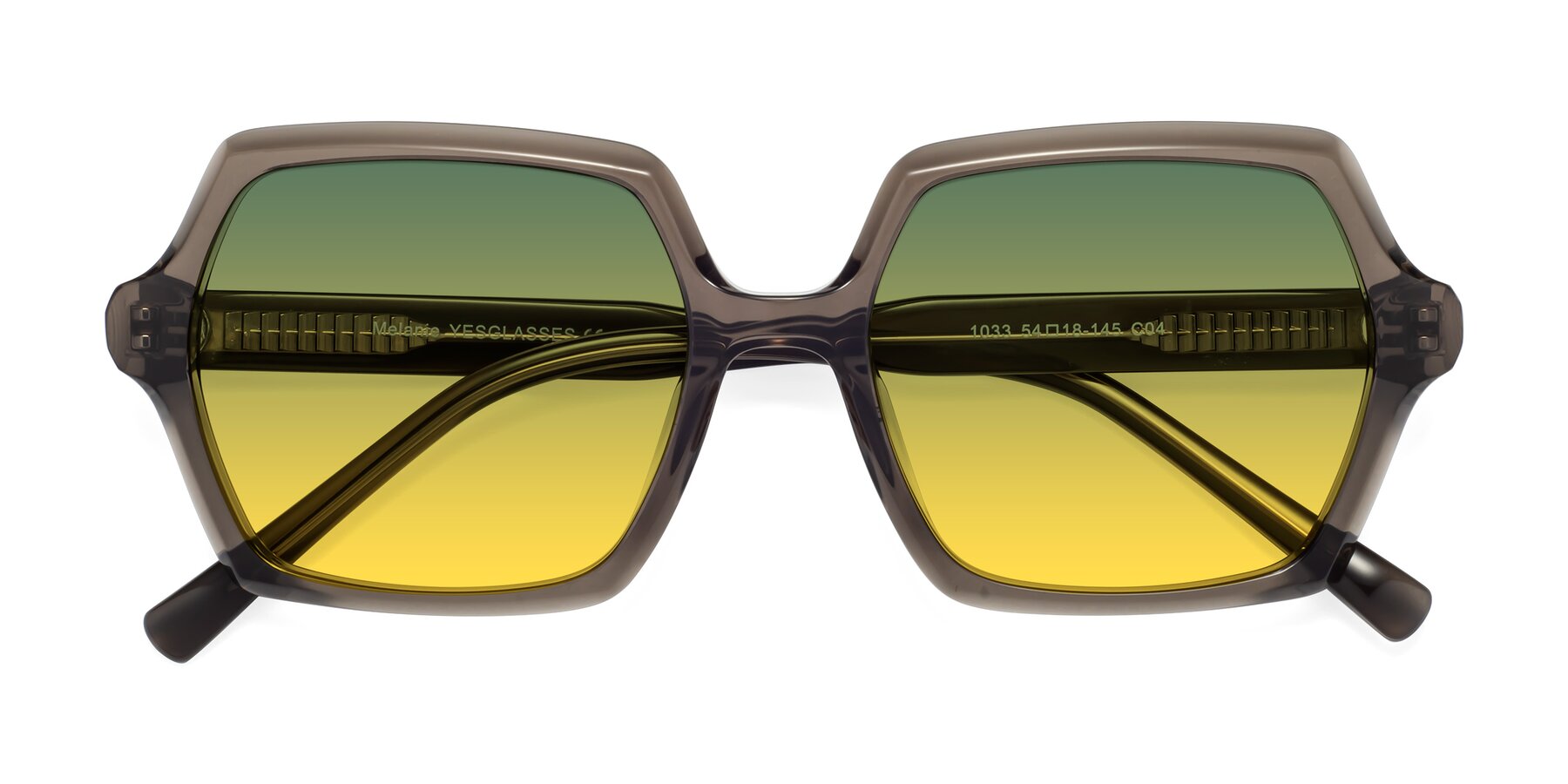 Folded Front of Melanie in Transparent Gray with Green / Yellow Gradient Lenses