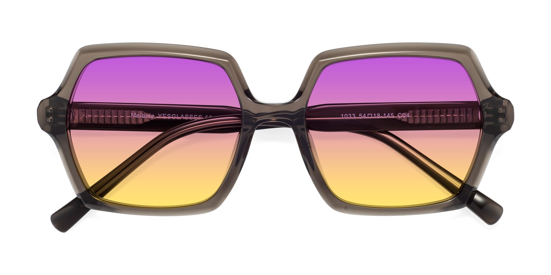 Folded Front of Melanie in Transparent Gray with Purple / Yellow Gradient Lenses