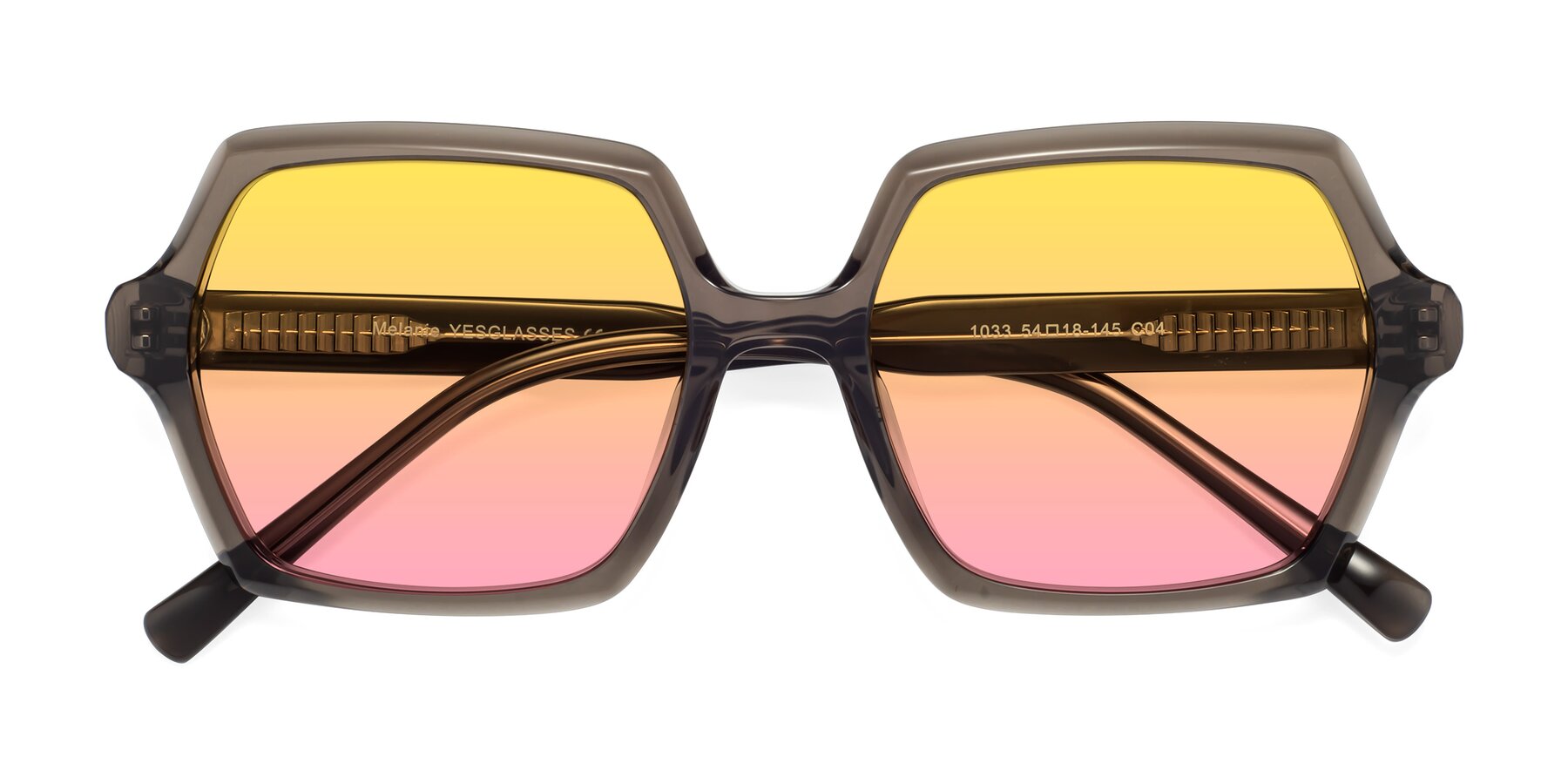 Folded Front of Melanie in Transparent Gray with Yellow / Pink Gradient Lenses