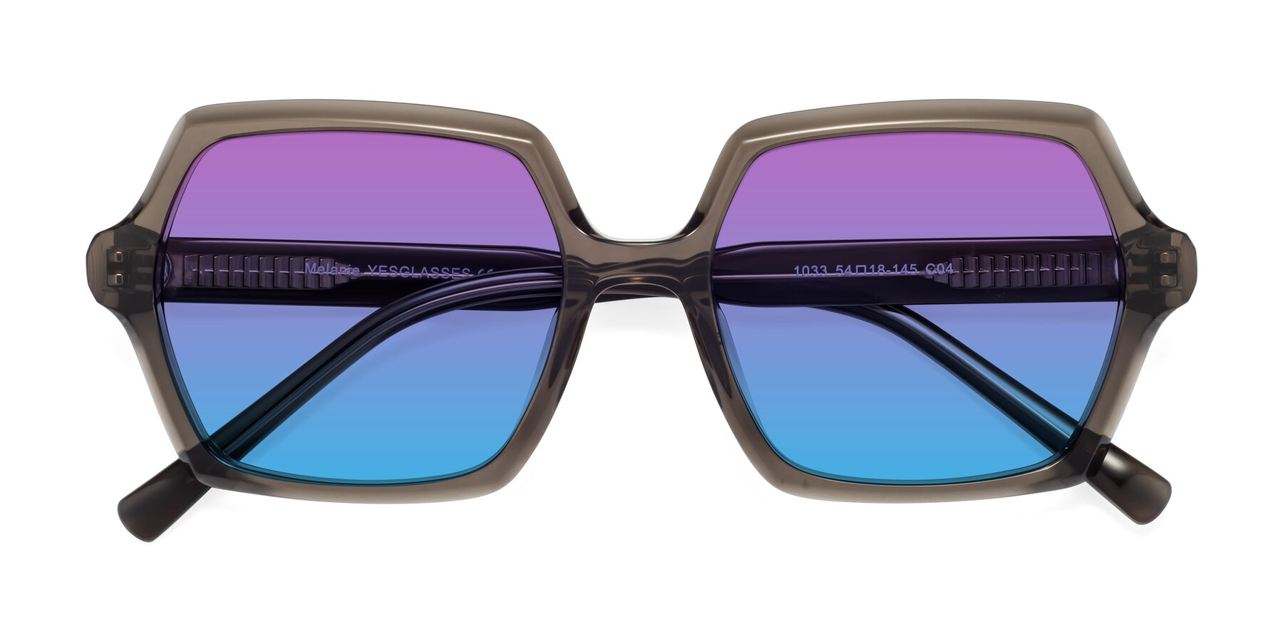 Folded Front of Melanie in Transparent Gray with Purple / Blue Gradient Lenses