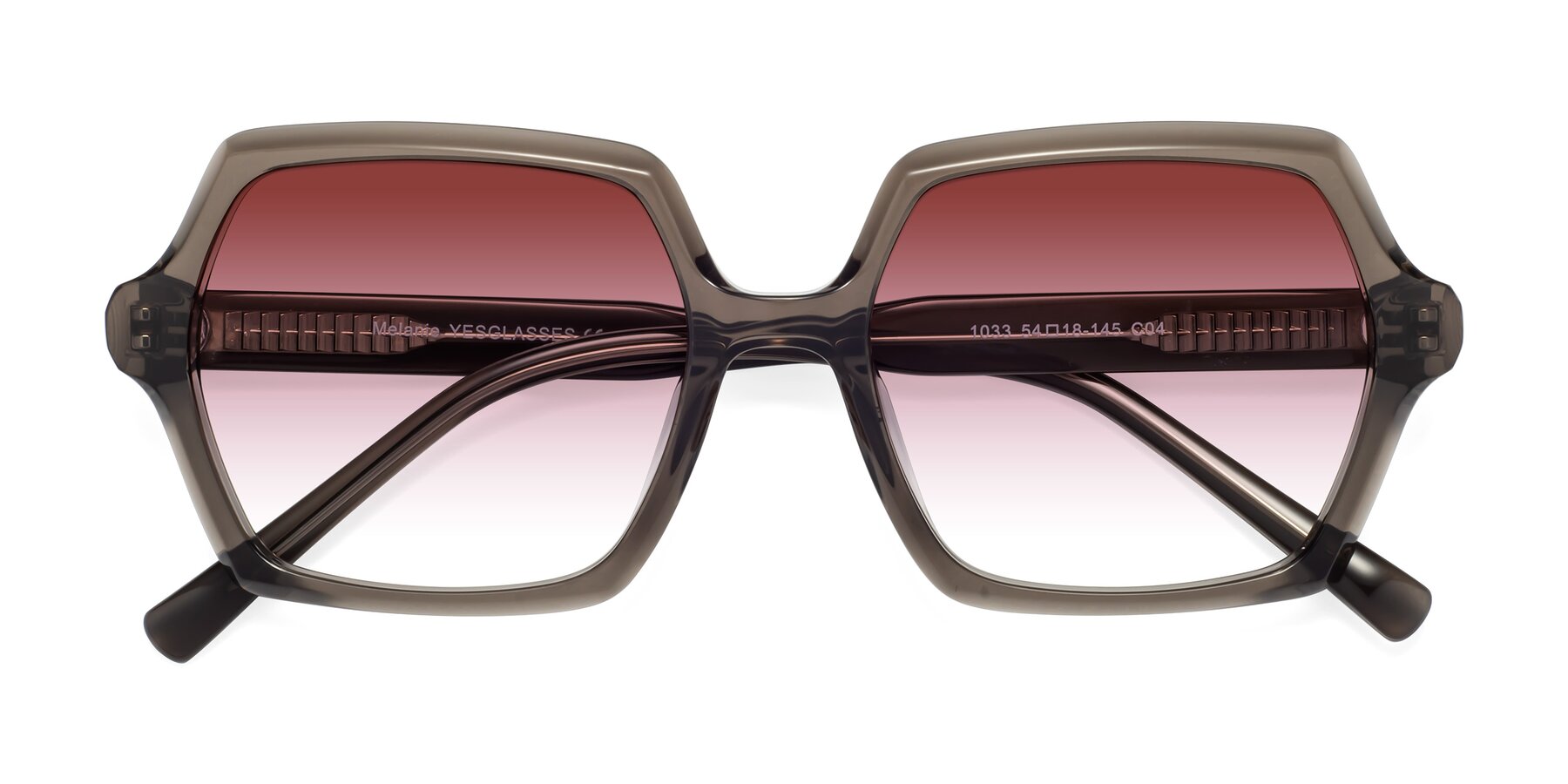 Folded Front of Melanie in Transparent Gray with Garnet Gradient Lenses