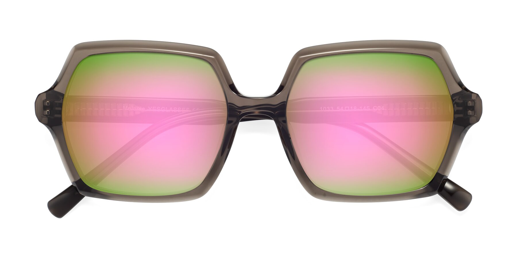 Folded Front of Melanie in Transparent Gray with Pink Mirrored Lenses
