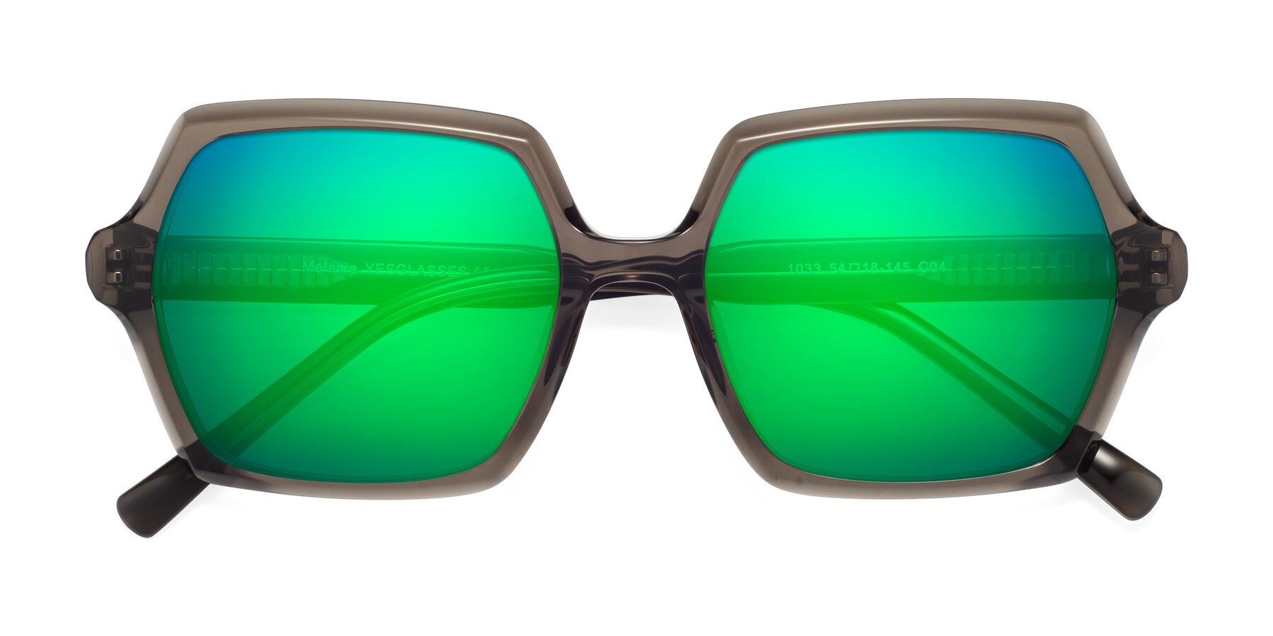 Folded Front of Melanie in Transparent Gray with Green Mirrored Lenses
