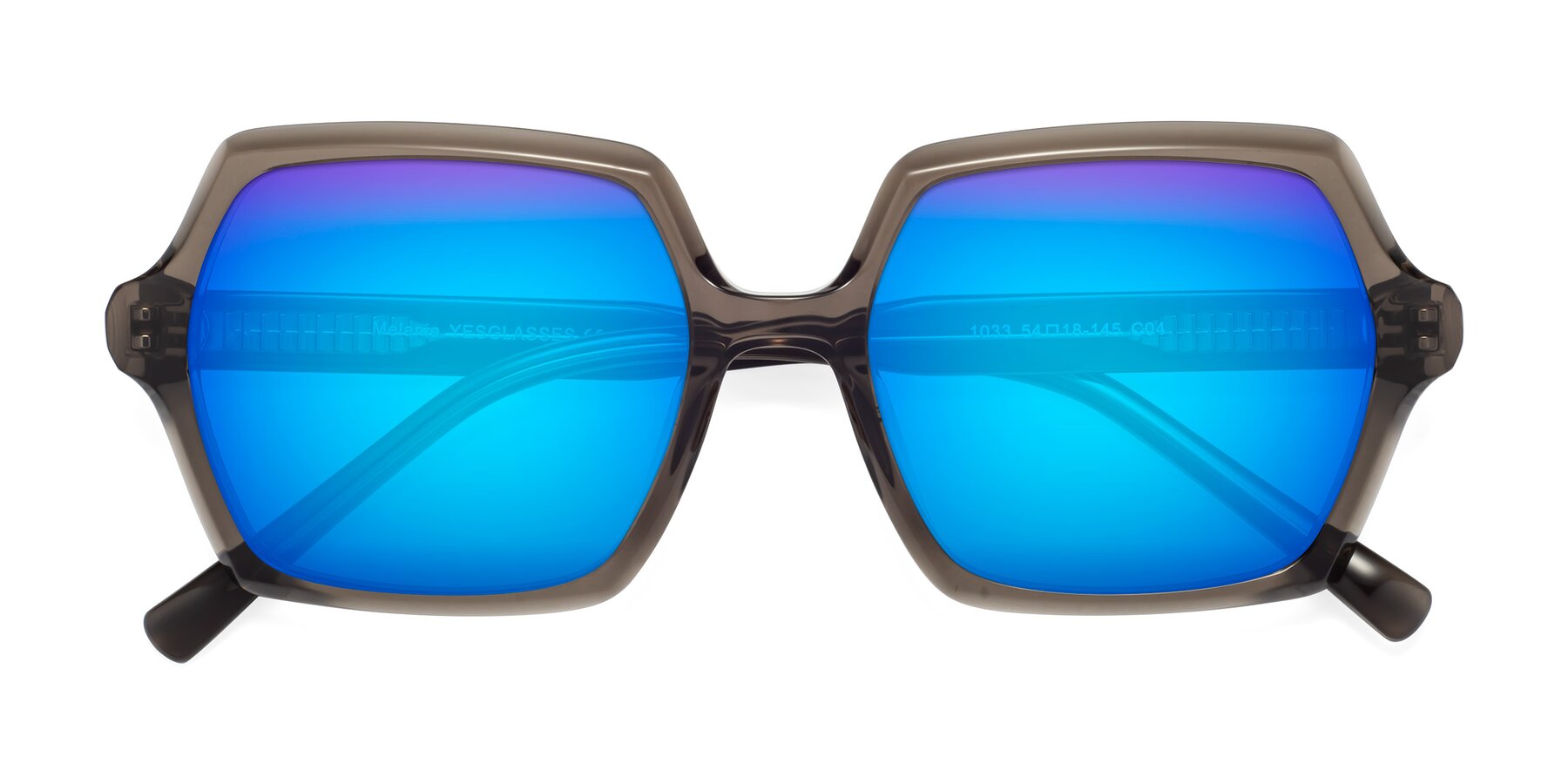Folded Front of Melanie in Transparent Gray with Blue Mirrored Lenses