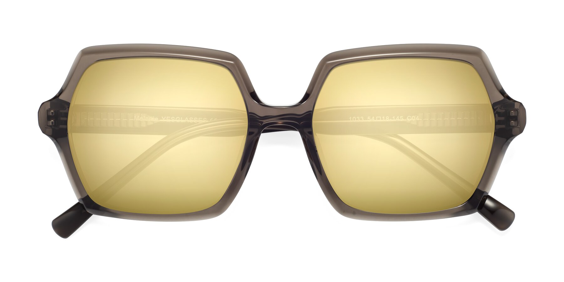 Folded Front of Melanie in Transparent Gray with Gold Mirrored Lenses