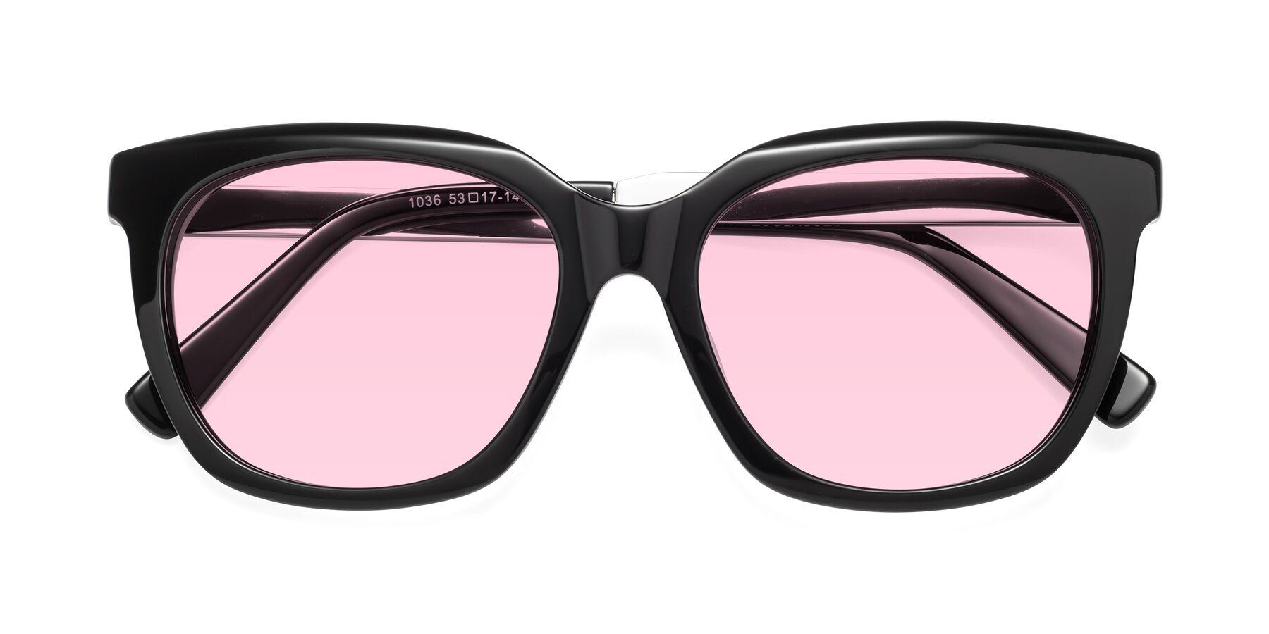 Folded Front of Talent in Black with Light Pink Tinted Lenses