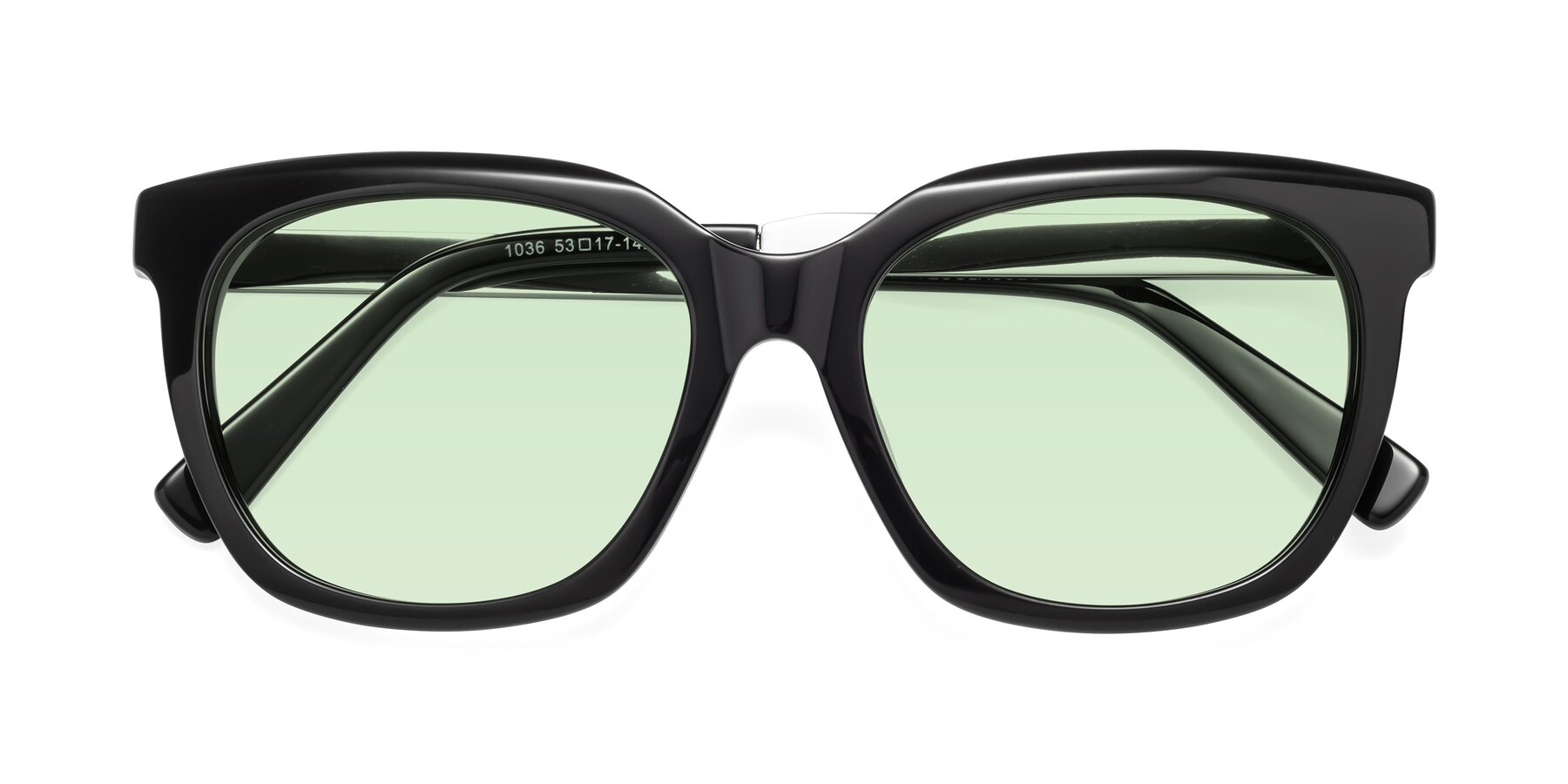 Folded Front of Talent in Black with Light Green Tinted Lenses