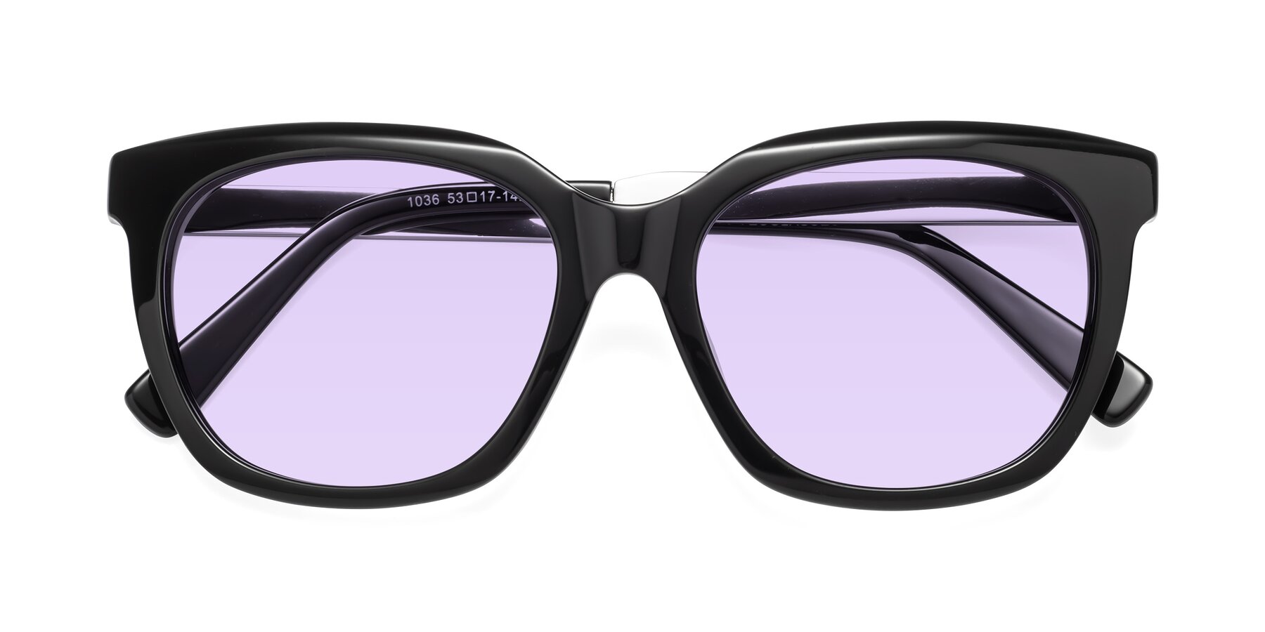 Folded Front of Talent in Black with Light Purple Tinted Lenses