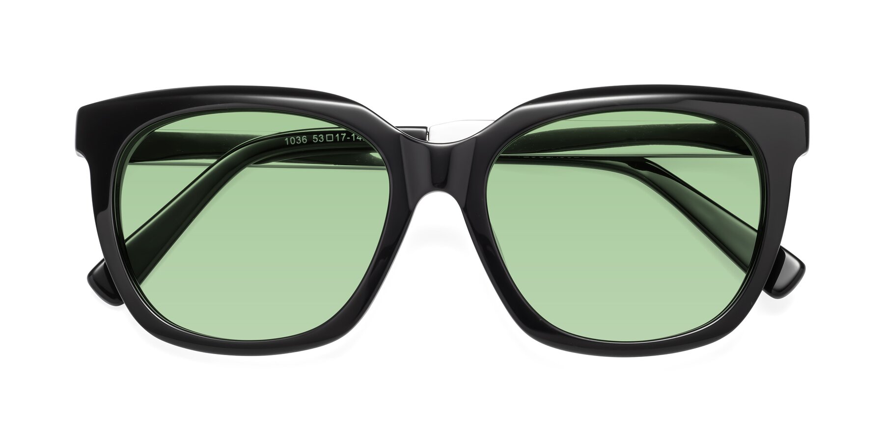 Folded Front of Talent in Black with Medium Green Tinted Lenses