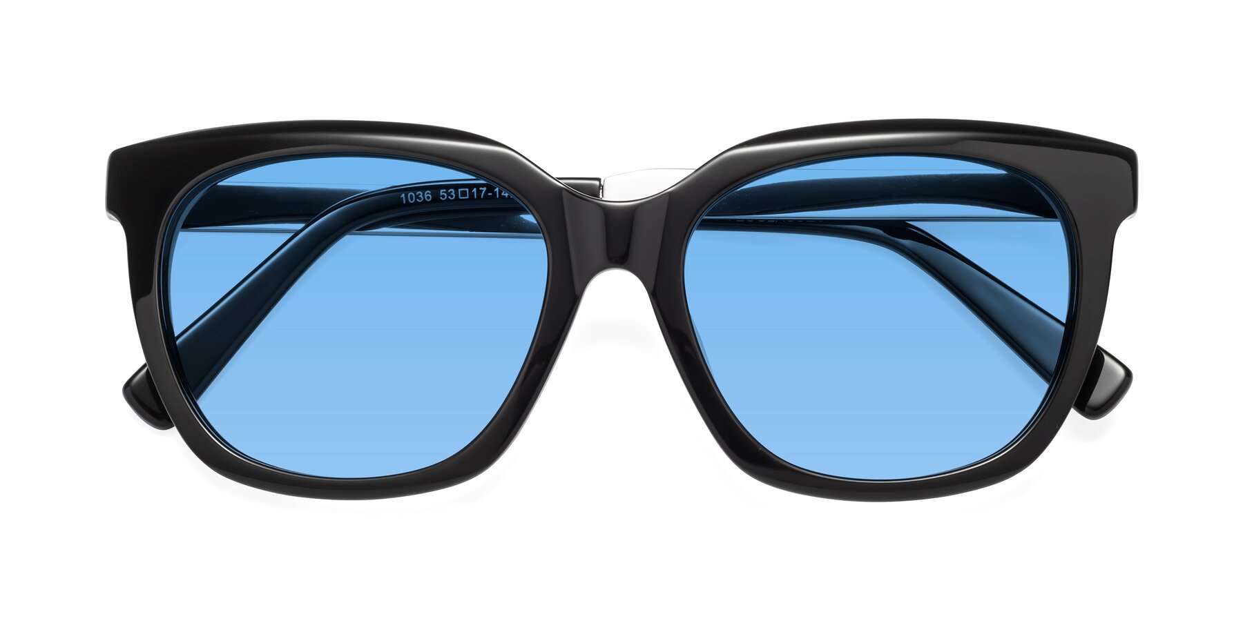Folded Front of Talent in Black with Medium Blue Tinted Lenses