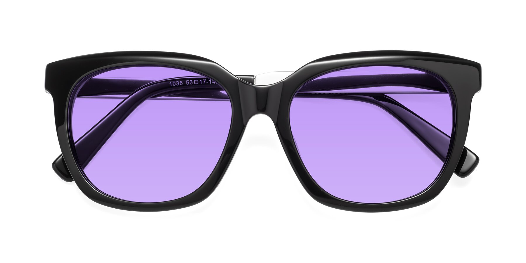 Folded Front of Talent in Black with Medium Purple Tinted Lenses