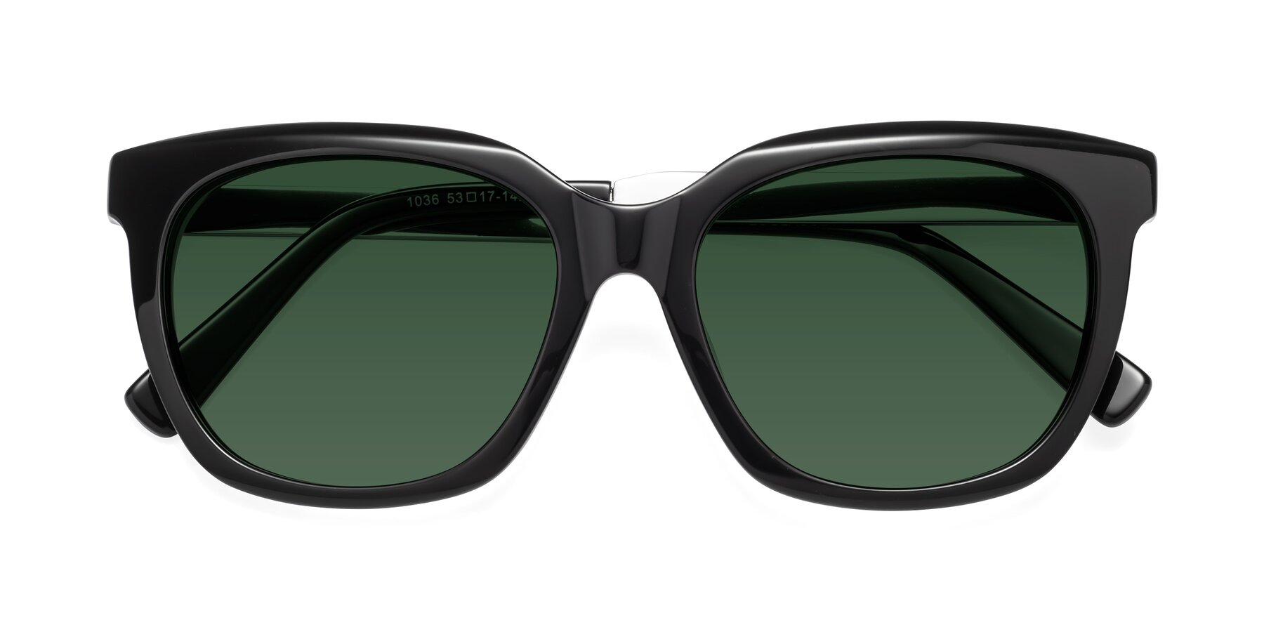 Folded Front of Talent in Black with Green Tinted Lenses