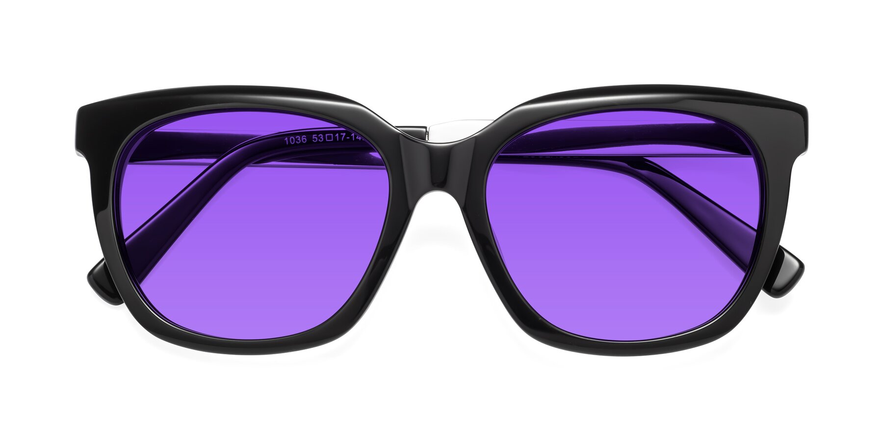 Folded Front of Talent in Black with Purple Tinted Lenses
