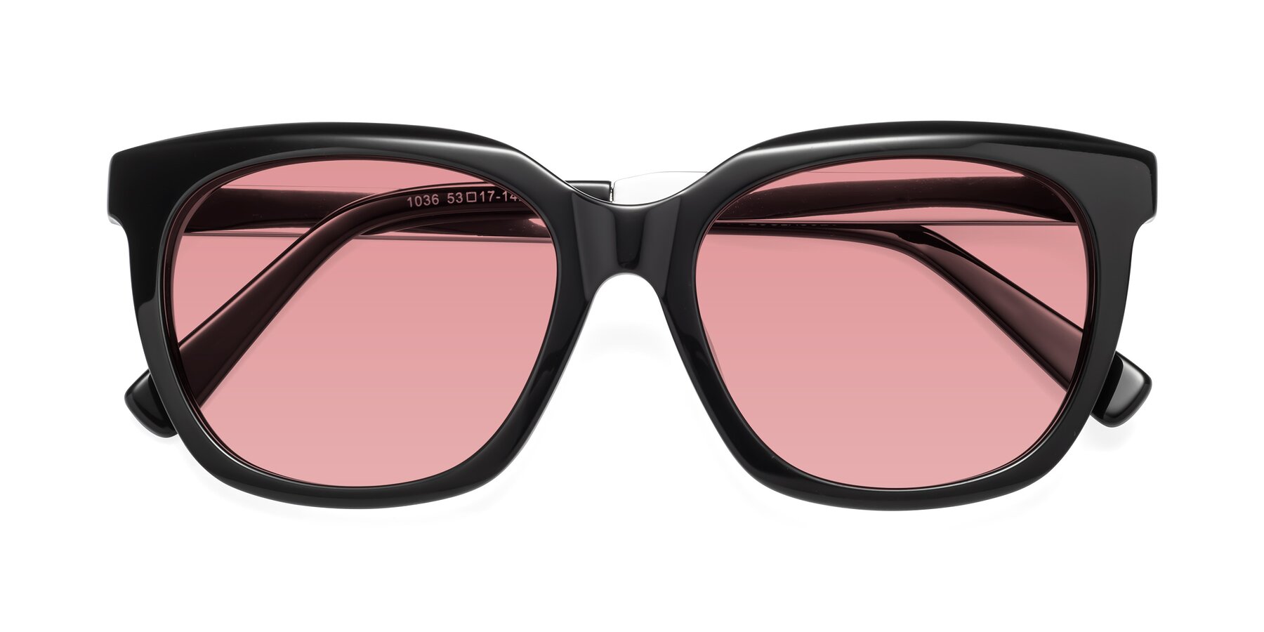 Folded Front of Talent in Black with Medium Garnet Tinted Lenses