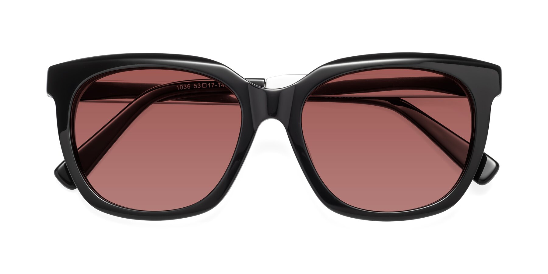 Folded Front of Talent in Black with Garnet Tinted Lenses