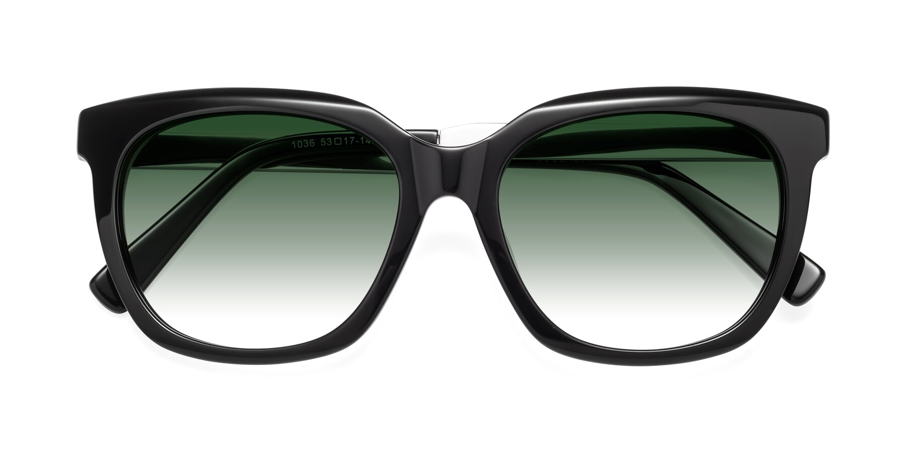 Folded Front of Talent in Black with Green Gradient Lenses