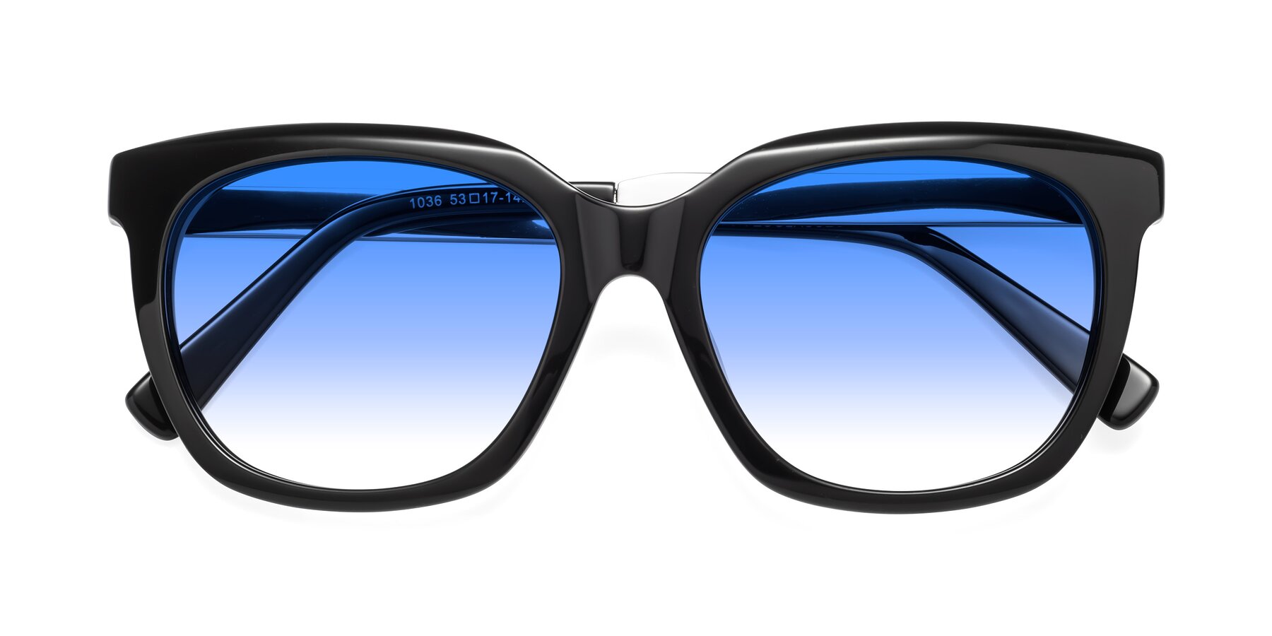Folded Front of Talent in Black with Blue Gradient Lenses