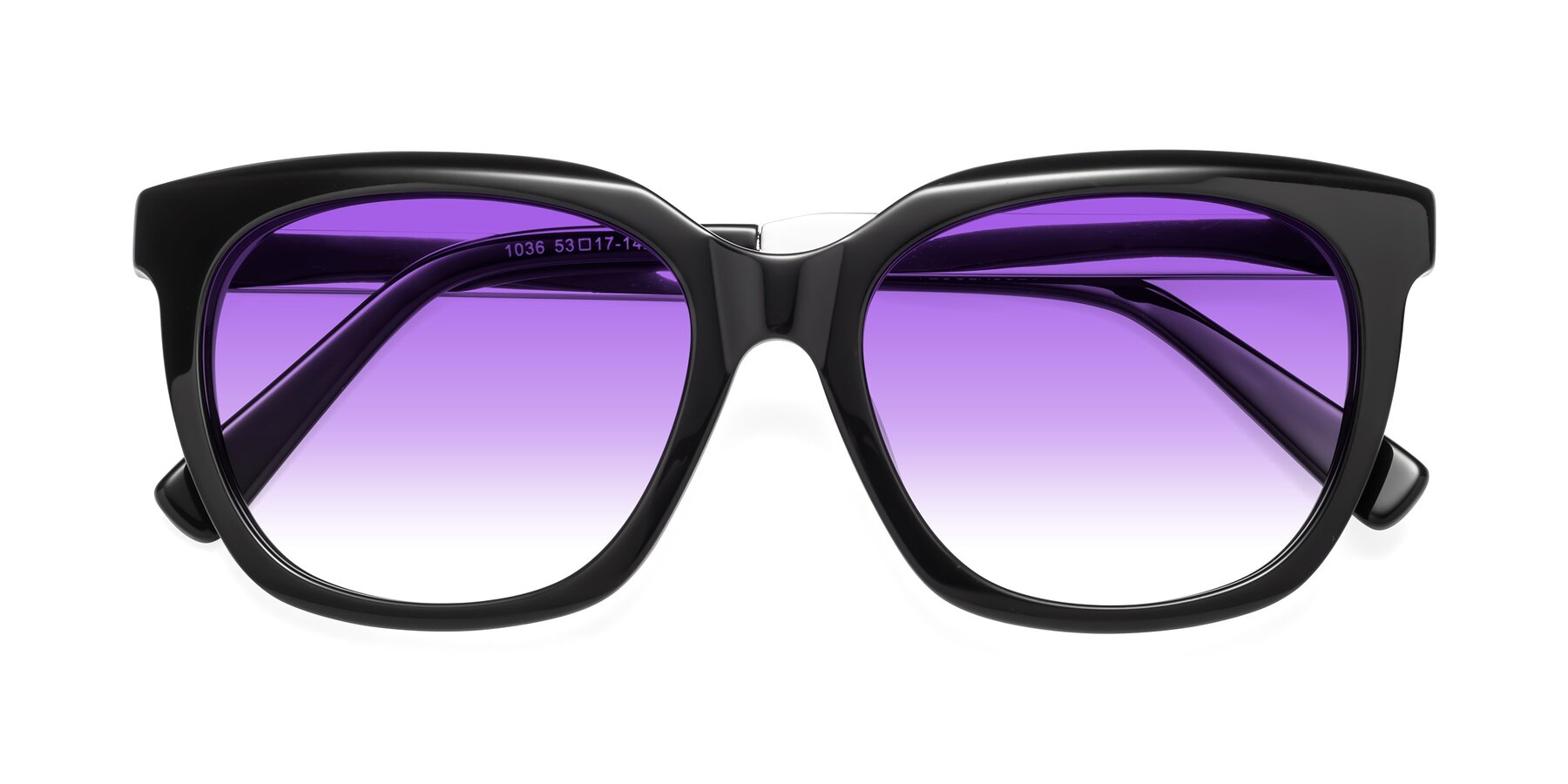 Folded Front of Talent in Black with Purple Gradient Lenses