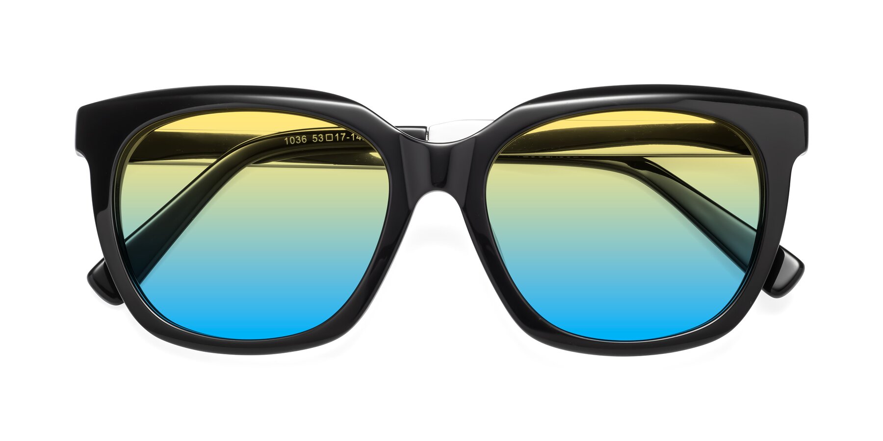Folded Front of Talent in Black with Yellow / Blue Gradient Lenses