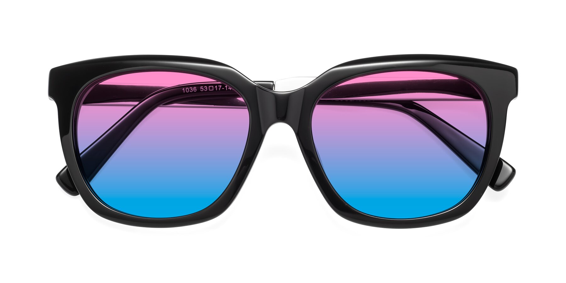 Folded Front of Talent in Black with Pink / Blue Gradient Lenses