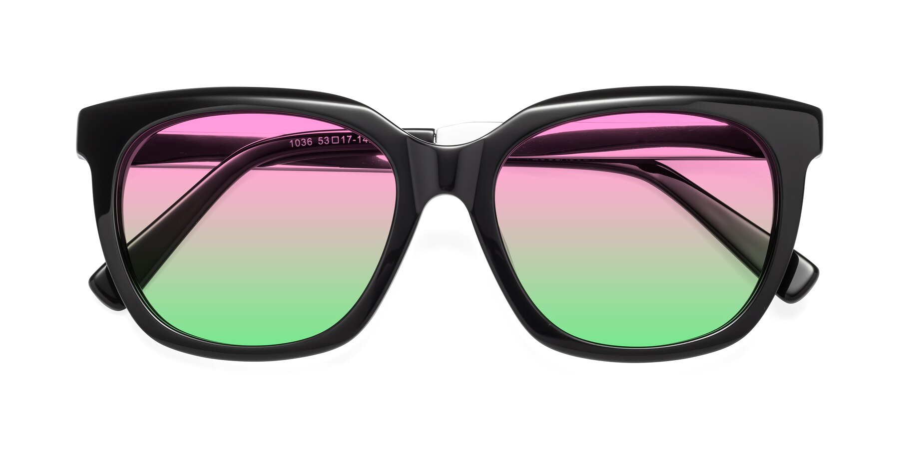 Folded Front of Talent in Black with Pink / Green Gradient Lenses