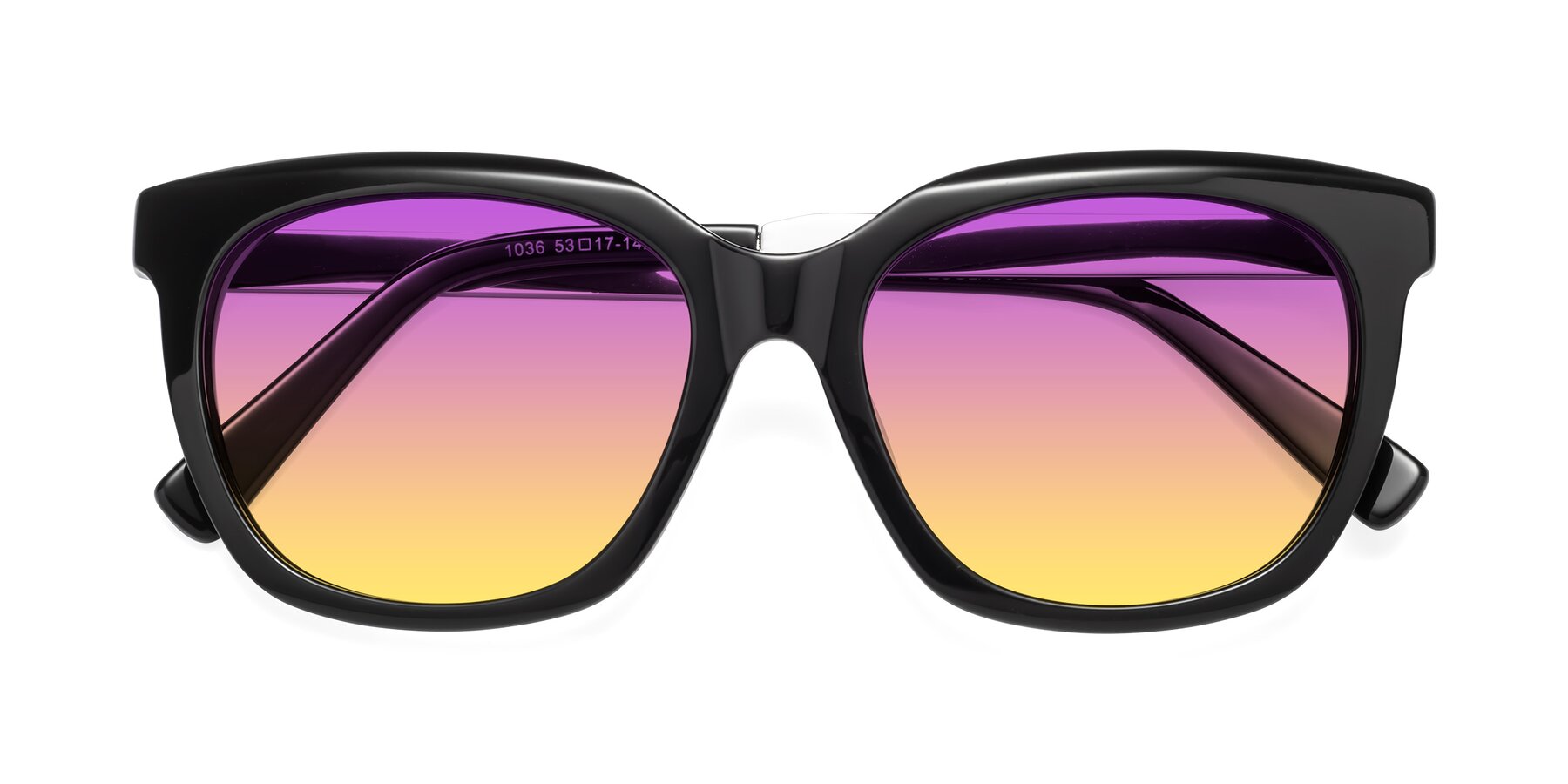 Folded Front of Talent in Black with Purple / Yellow Gradient Lenses