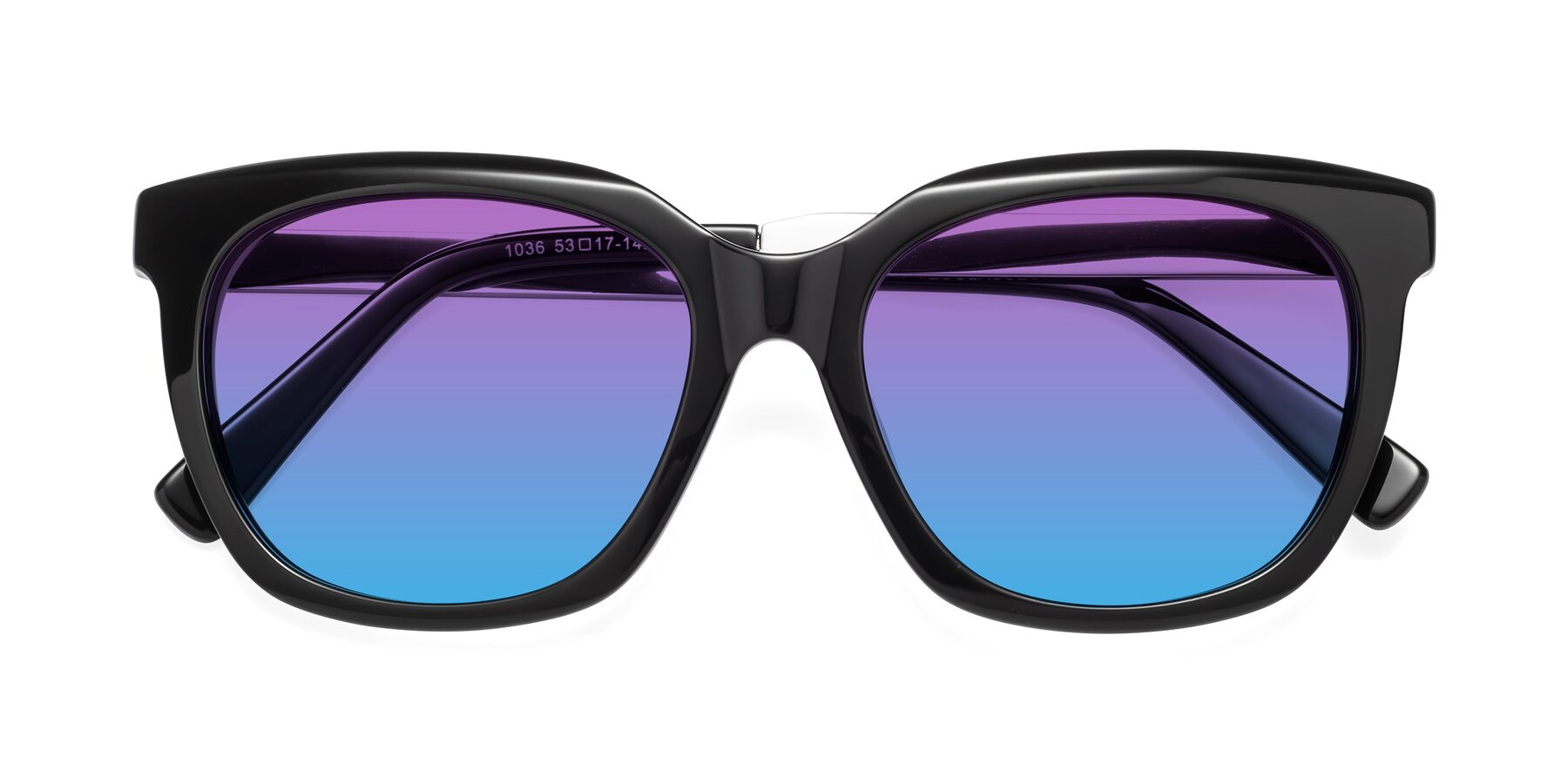 Folded Front of Talent in Black with Purple / Blue Gradient Lenses