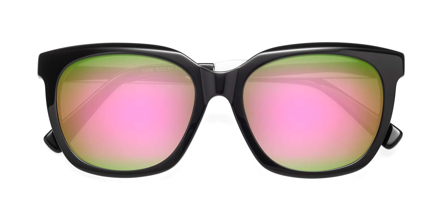 Folded Front of Talent in Black with Pink Mirrored Lenses
