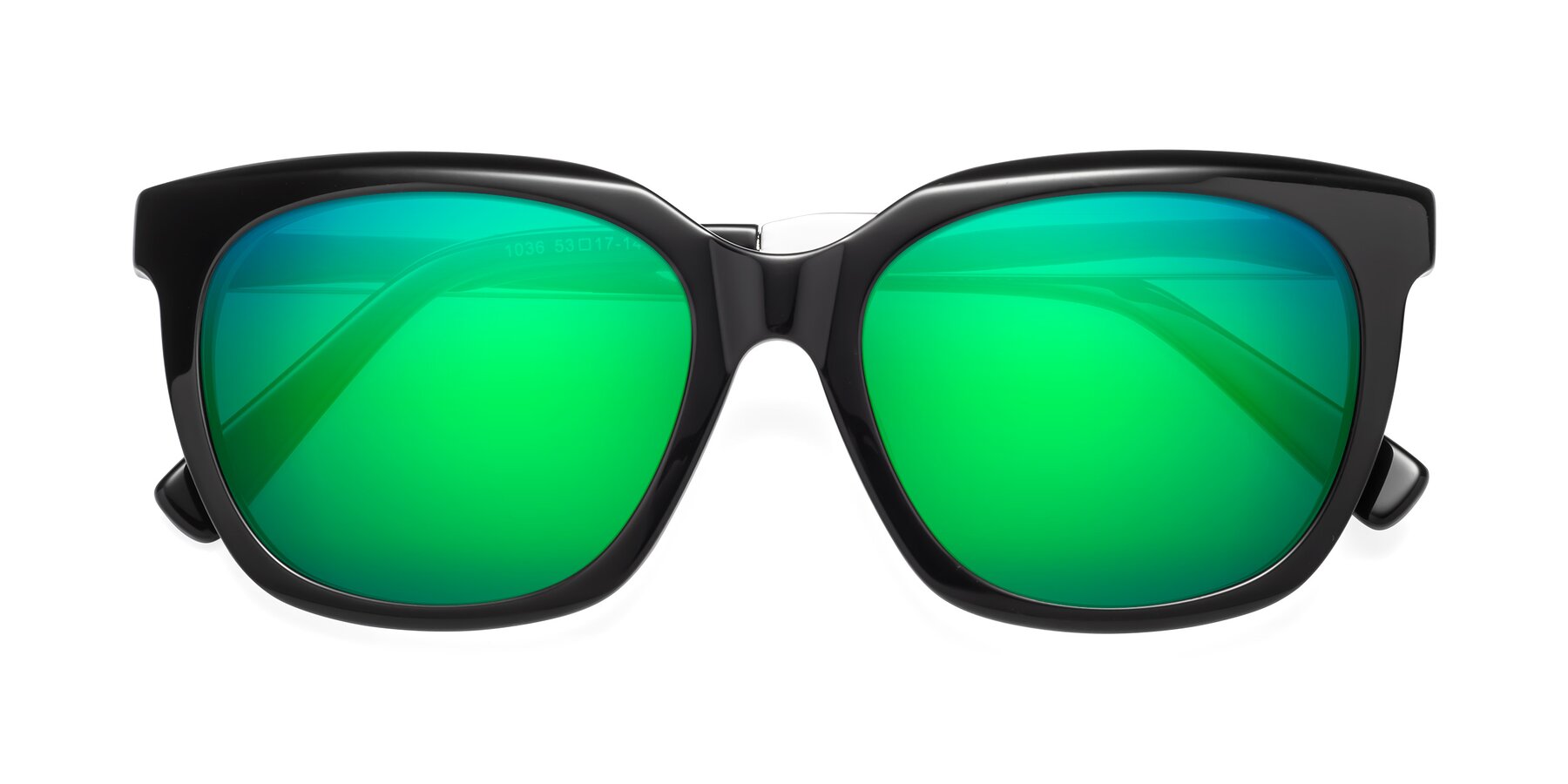 Folded Front of Talent in Black with Green Mirrored Lenses
