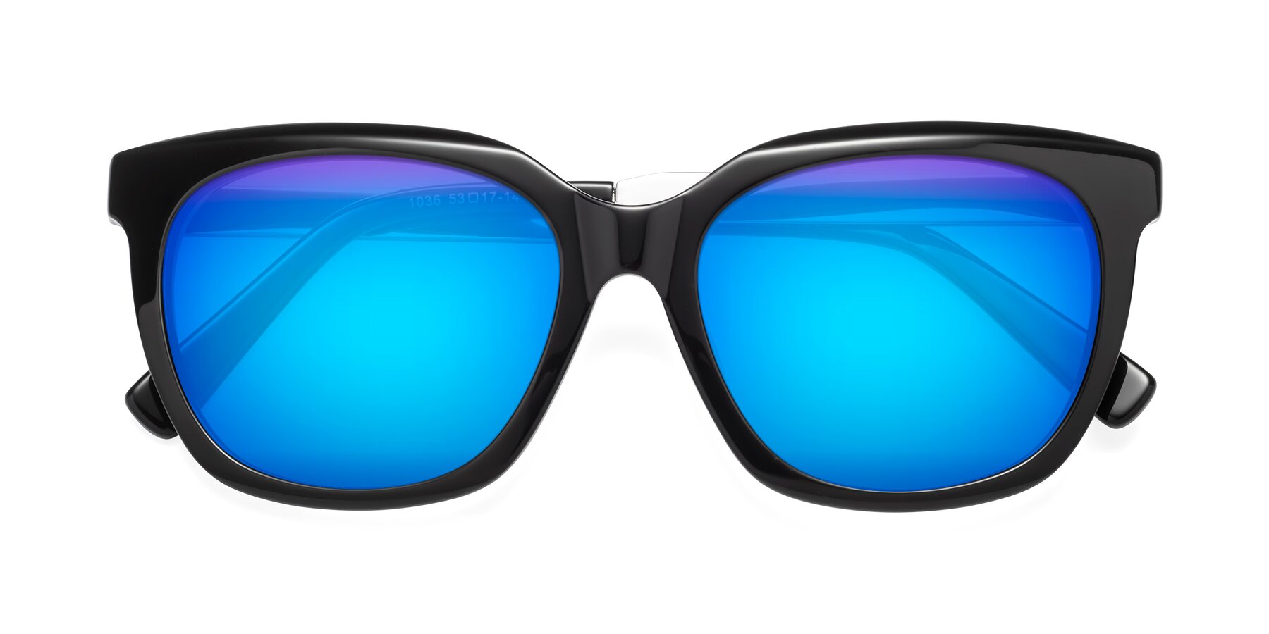Folded Front of Talent in Black with Blue Mirrored Lenses