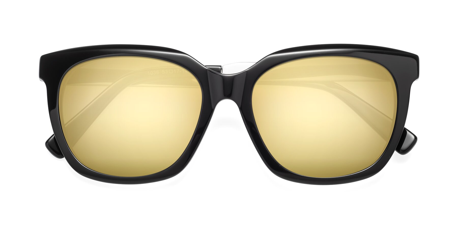 Folded Front of Talent in Black with Gold Mirrored Lenses