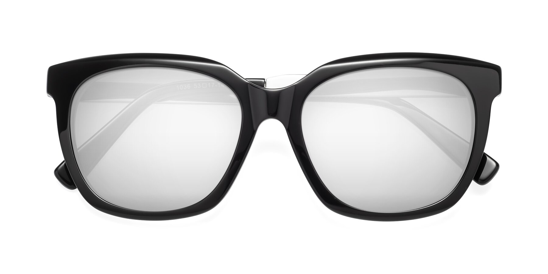 Folded Front of Talent in Black with Silver Mirrored Lenses