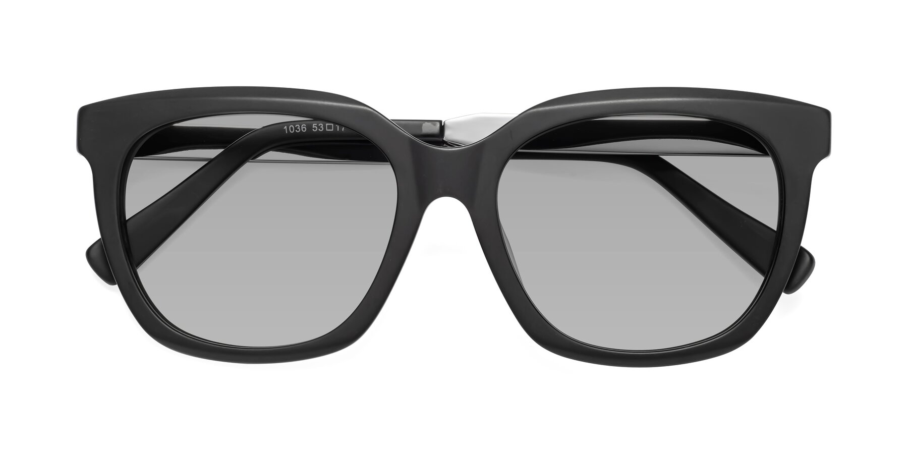 Folded Front of Talent in Matte Black with Light Gray Tinted Lenses
