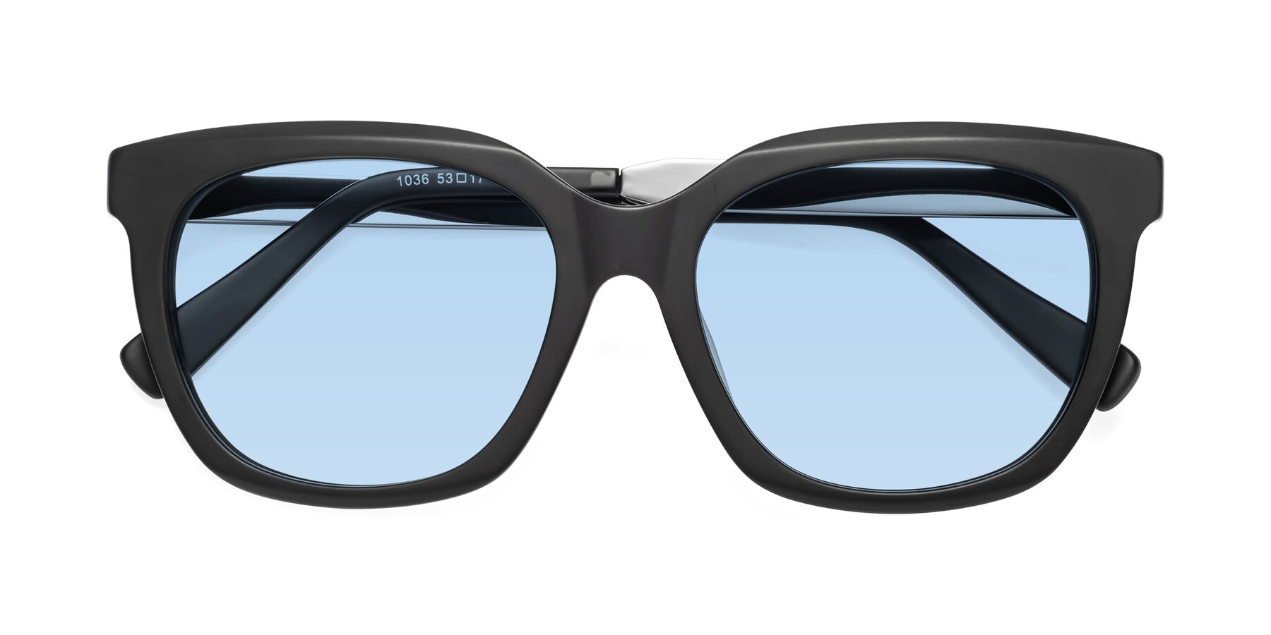 Folded Front of Talent in Matte Black with Light Blue Tinted Lenses