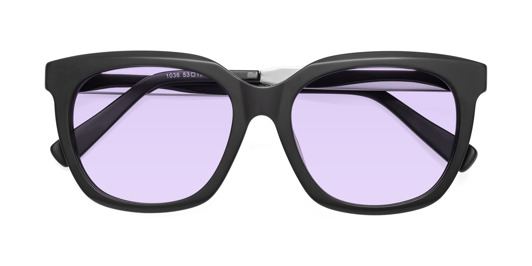 Folded Front of Talent in Matte Black with Light Purple Tinted Lenses