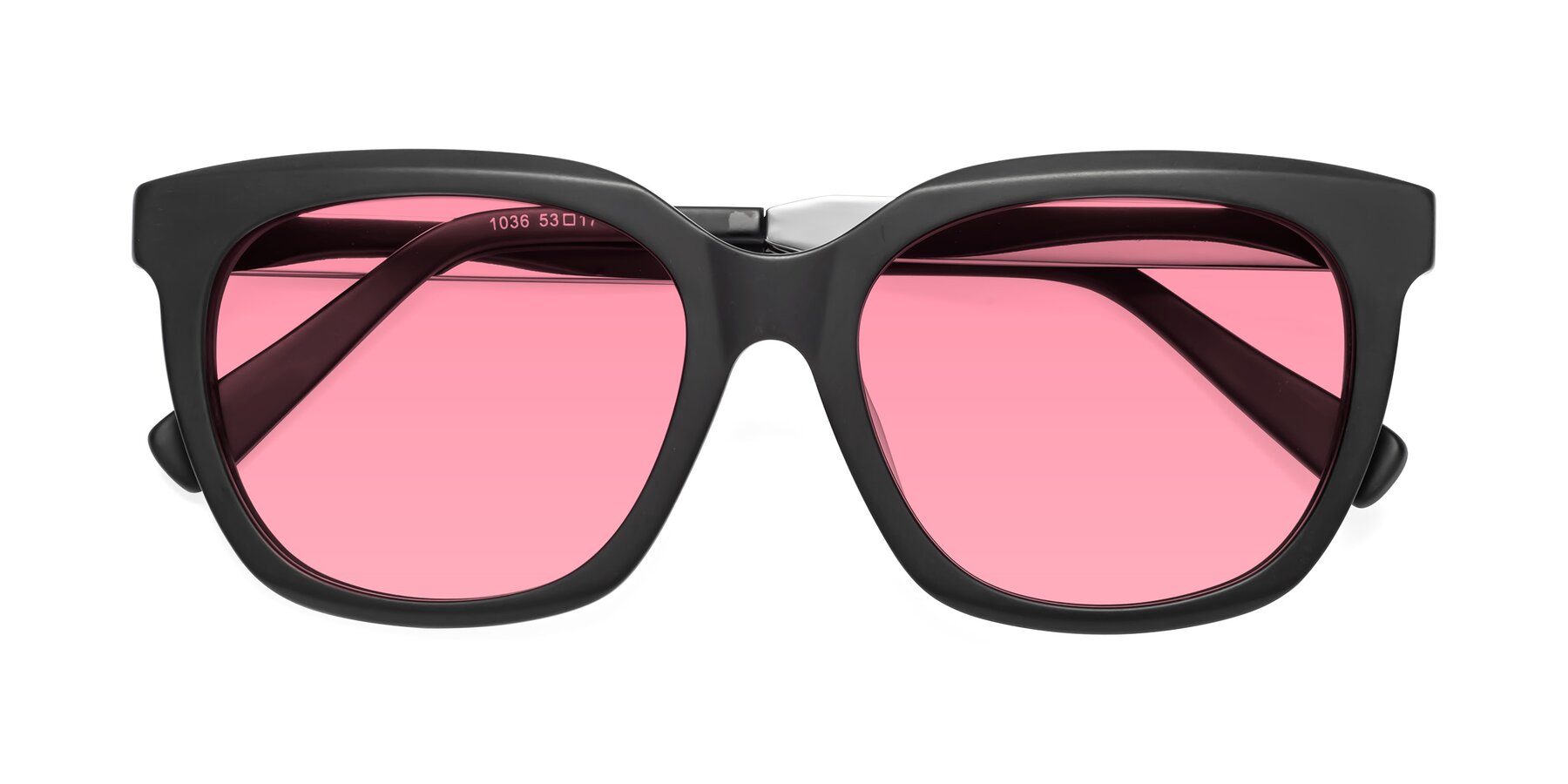 Folded Front of Talent in Matte Black with Pink Tinted Lenses