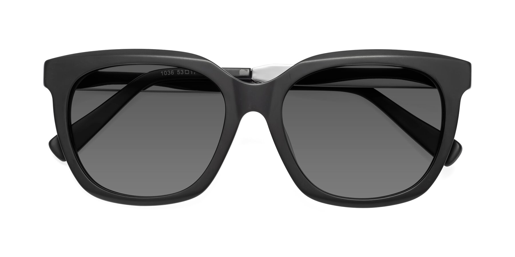 Folded Front of Talent in Matte Black with Medium Gray Tinted Lenses
