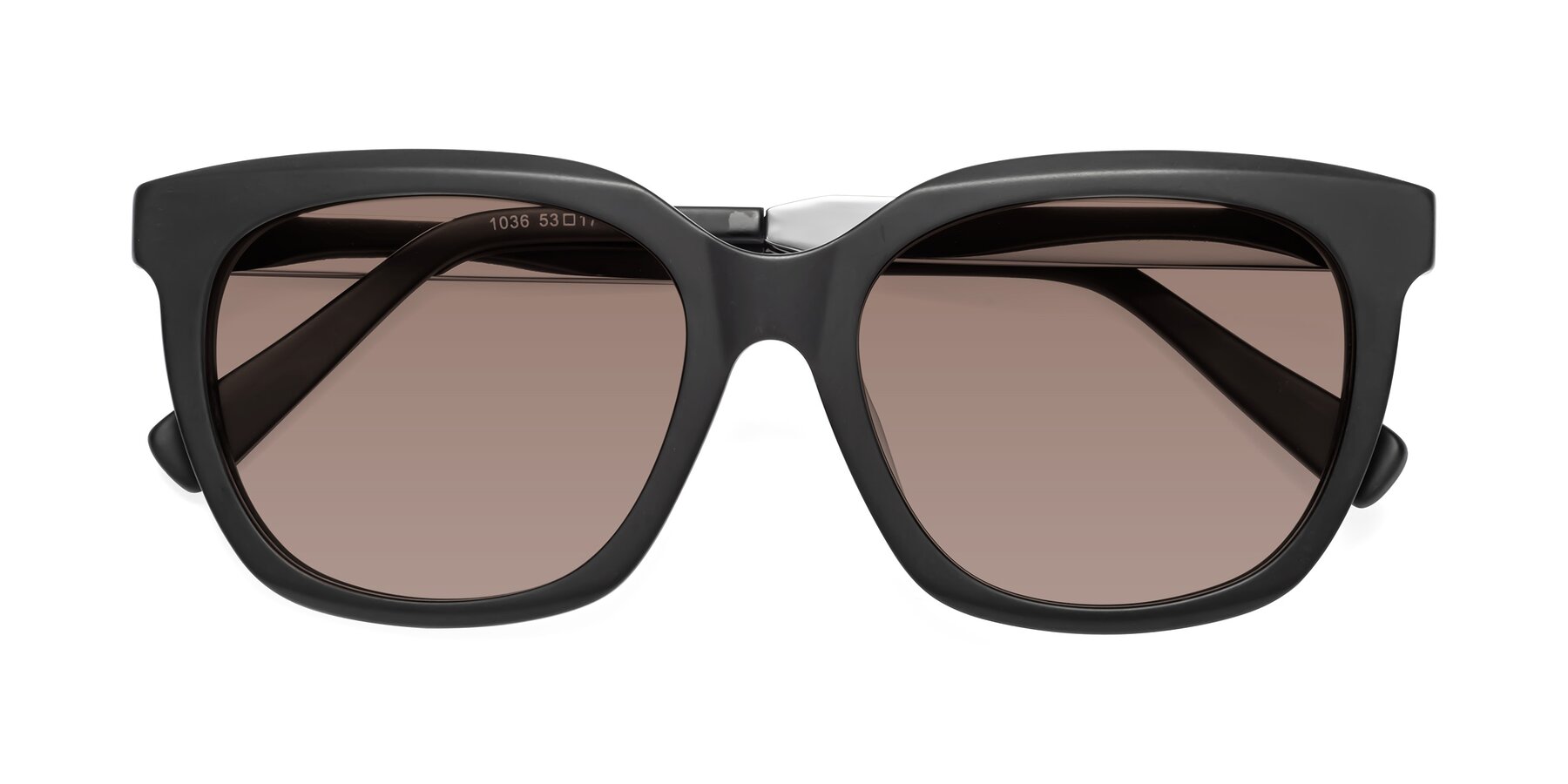 Folded Front of Talent in Matte Black with Medium Brown Tinted Lenses