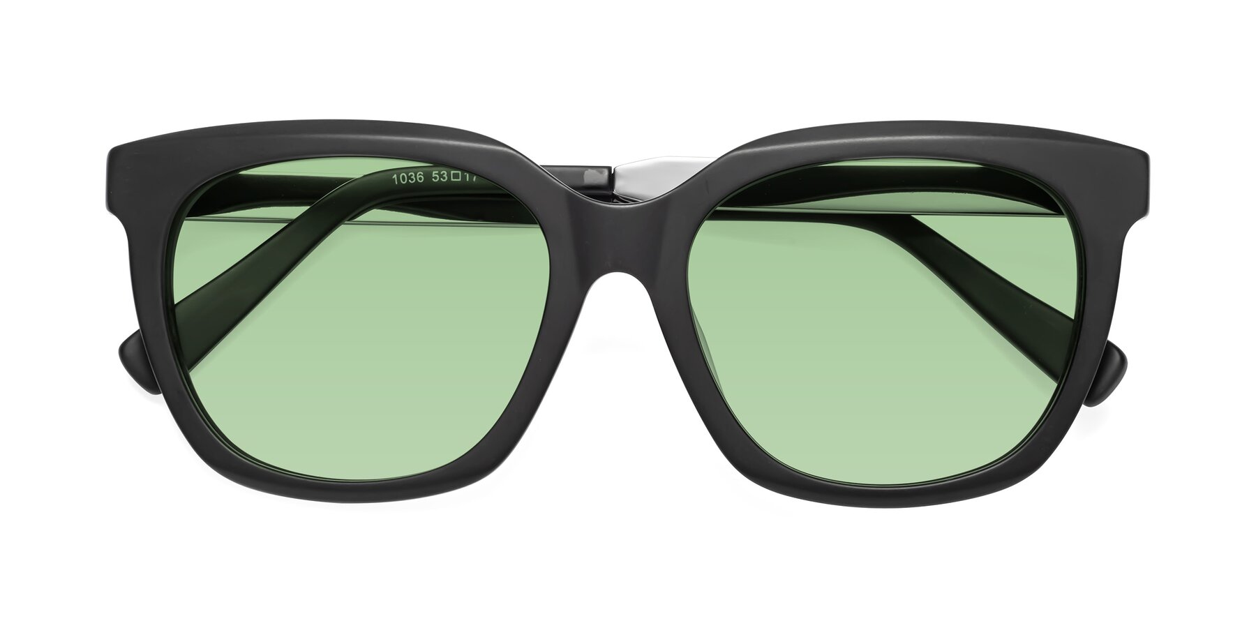 Folded Front of Talent in Matte Black with Medium Green Tinted Lenses