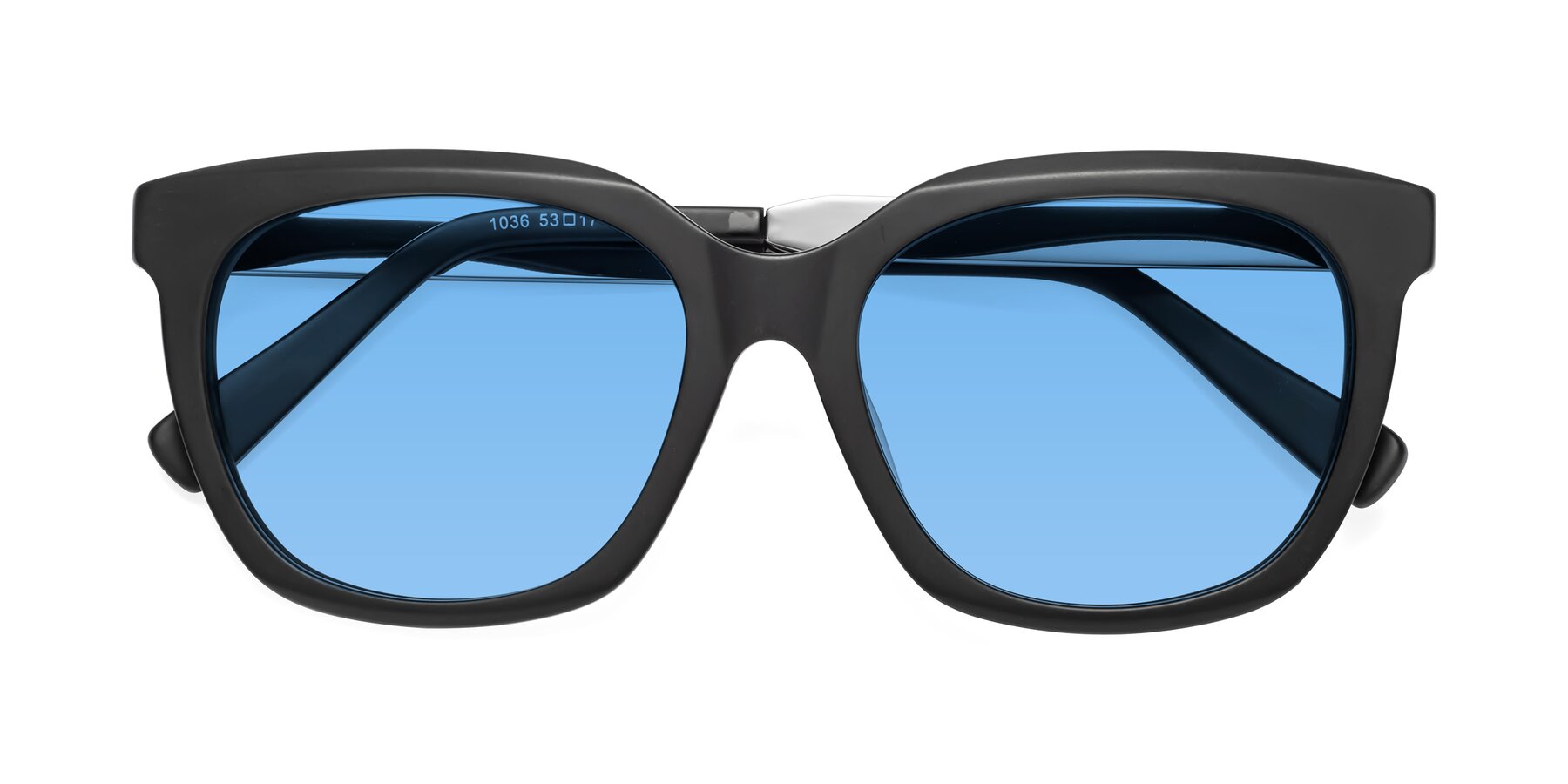 Folded Front of Talent in Matte Black with Medium Blue Tinted Lenses
