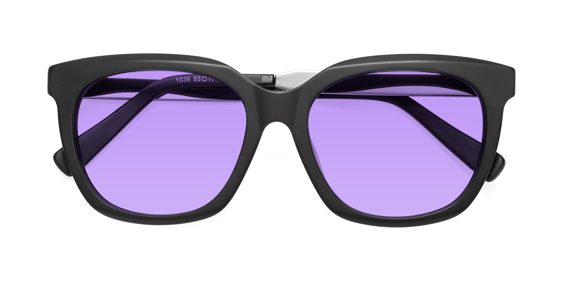 Folded Front of Talent in Matte Black with Medium Purple Tinted Lenses