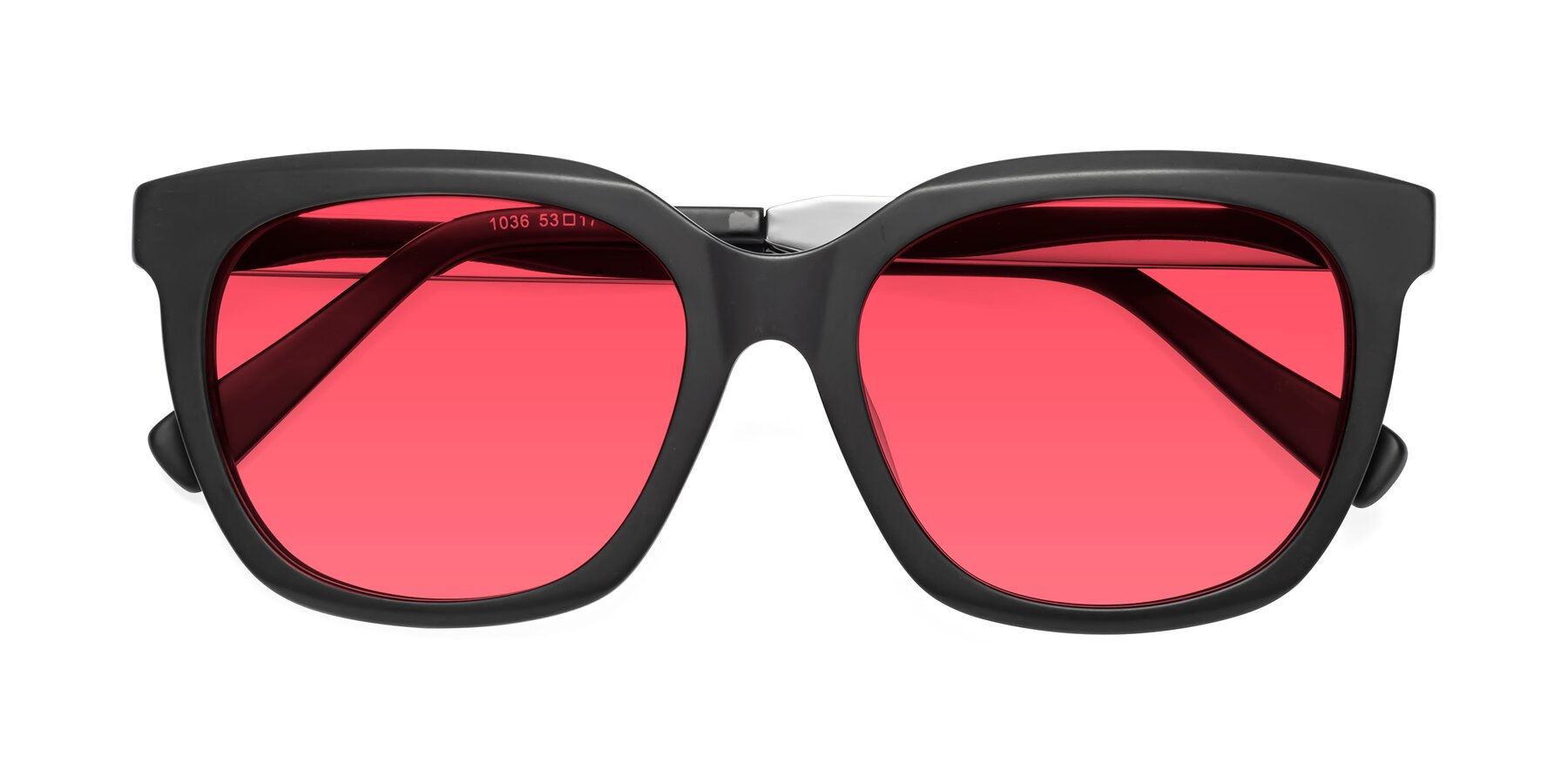 Folded Front of Talent in Matte Black with Red Tinted Lenses