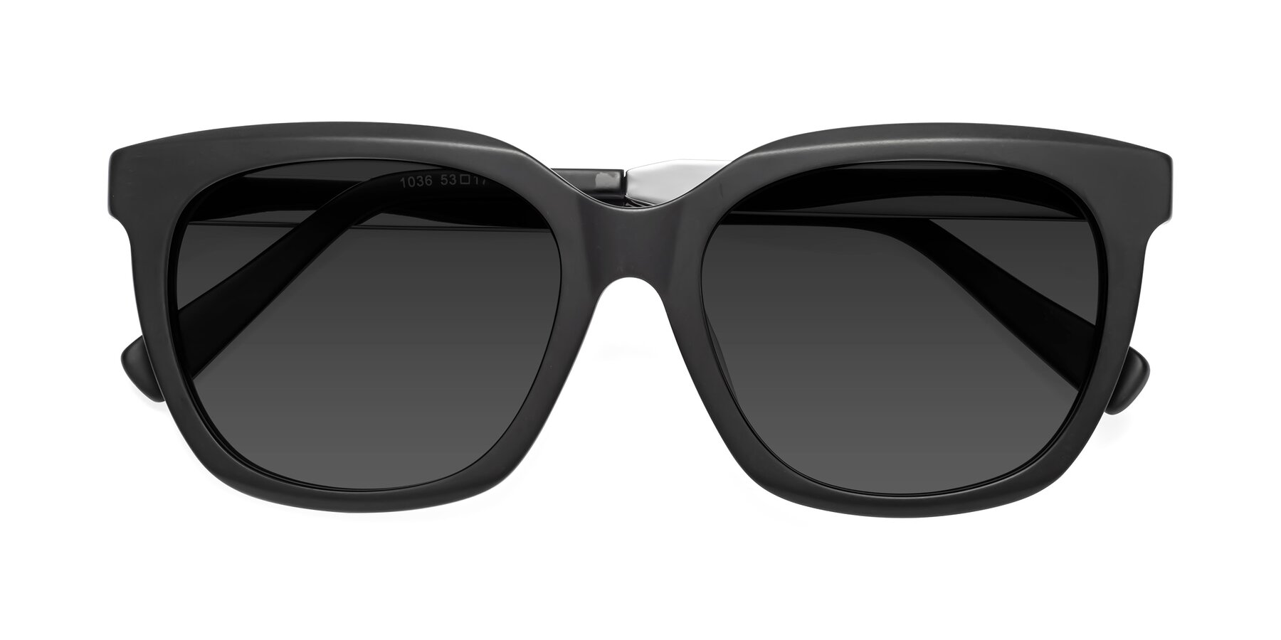 Folded Front of Talent in Matte Black with Gray Tinted Lenses
