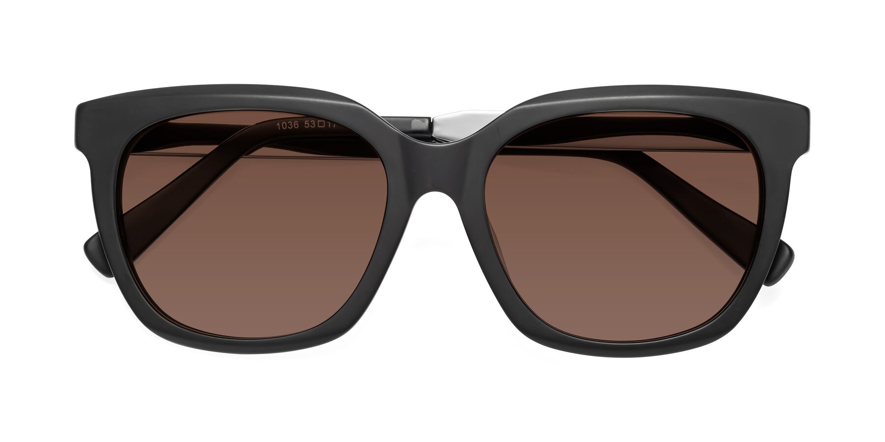 Folded Front of Talent in Matte Black with Brown Tinted Lenses