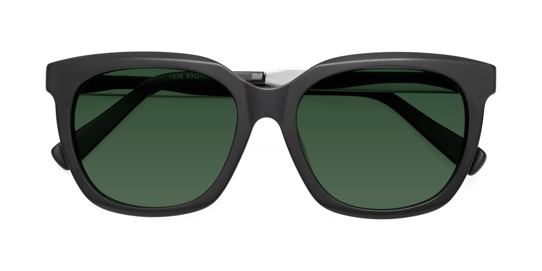 Folded Front of Talent in Matte Black with Green Tinted Lenses