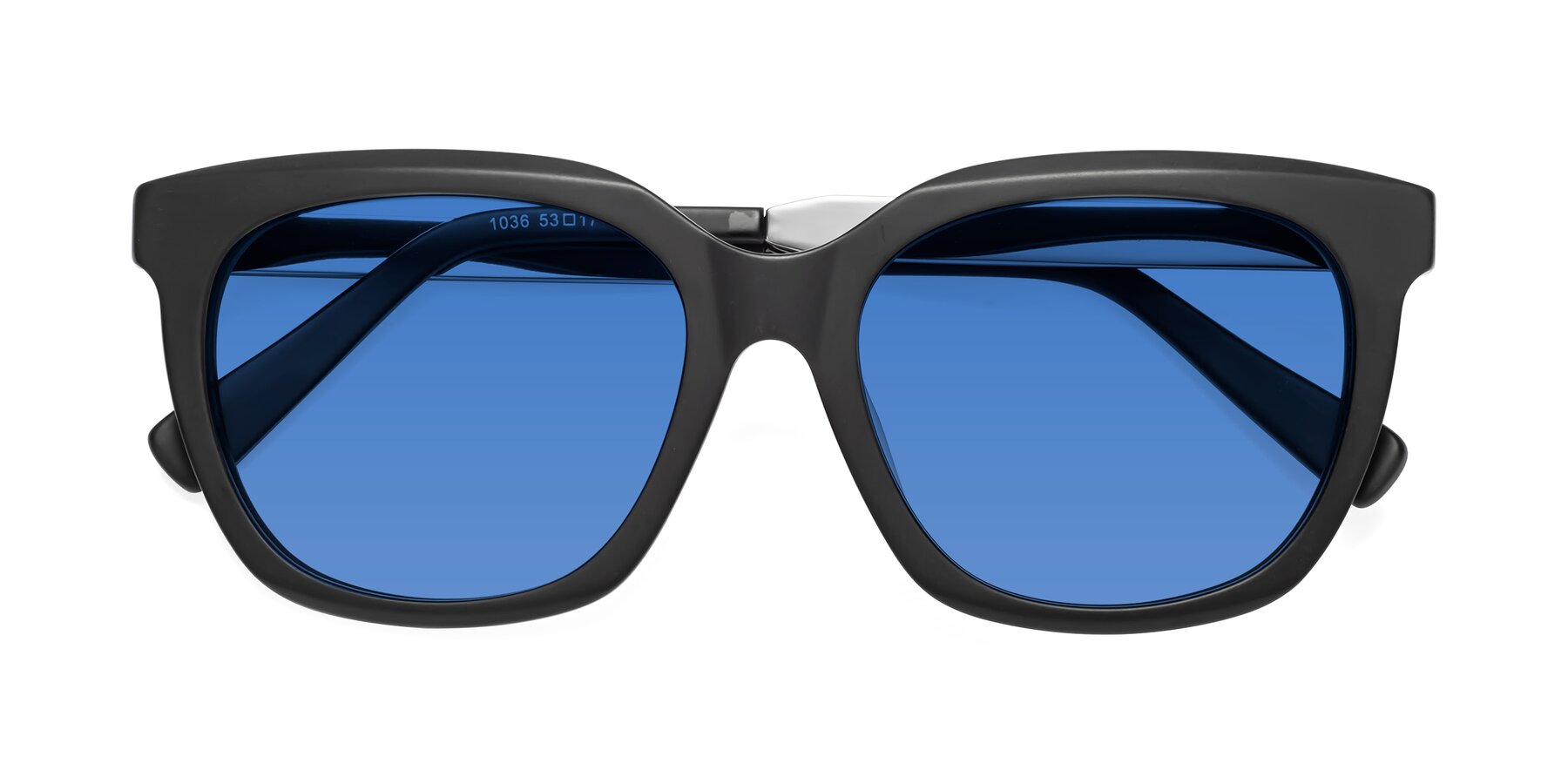 Folded Front of Talent in Matte Black with Blue Tinted Lenses