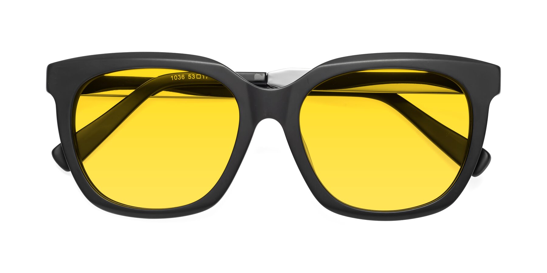 Folded Front of Talent in Matte Black with Yellow Tinted Lenses