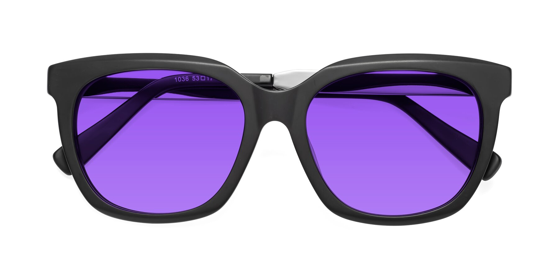 Folded Front of Talent in Matte Black with Purple Tinted Lenses