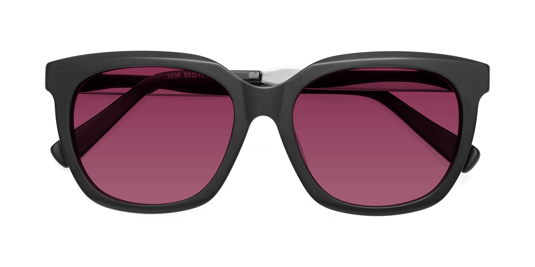 Folded Front of Talent in Matte Black with Wine Tinted Lenses